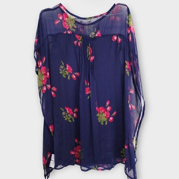 Antica Satori Dress Sz Medium Red Navy Chiffon Short Sleeve Sheer Mini Cocktail - Picture 2 of 13